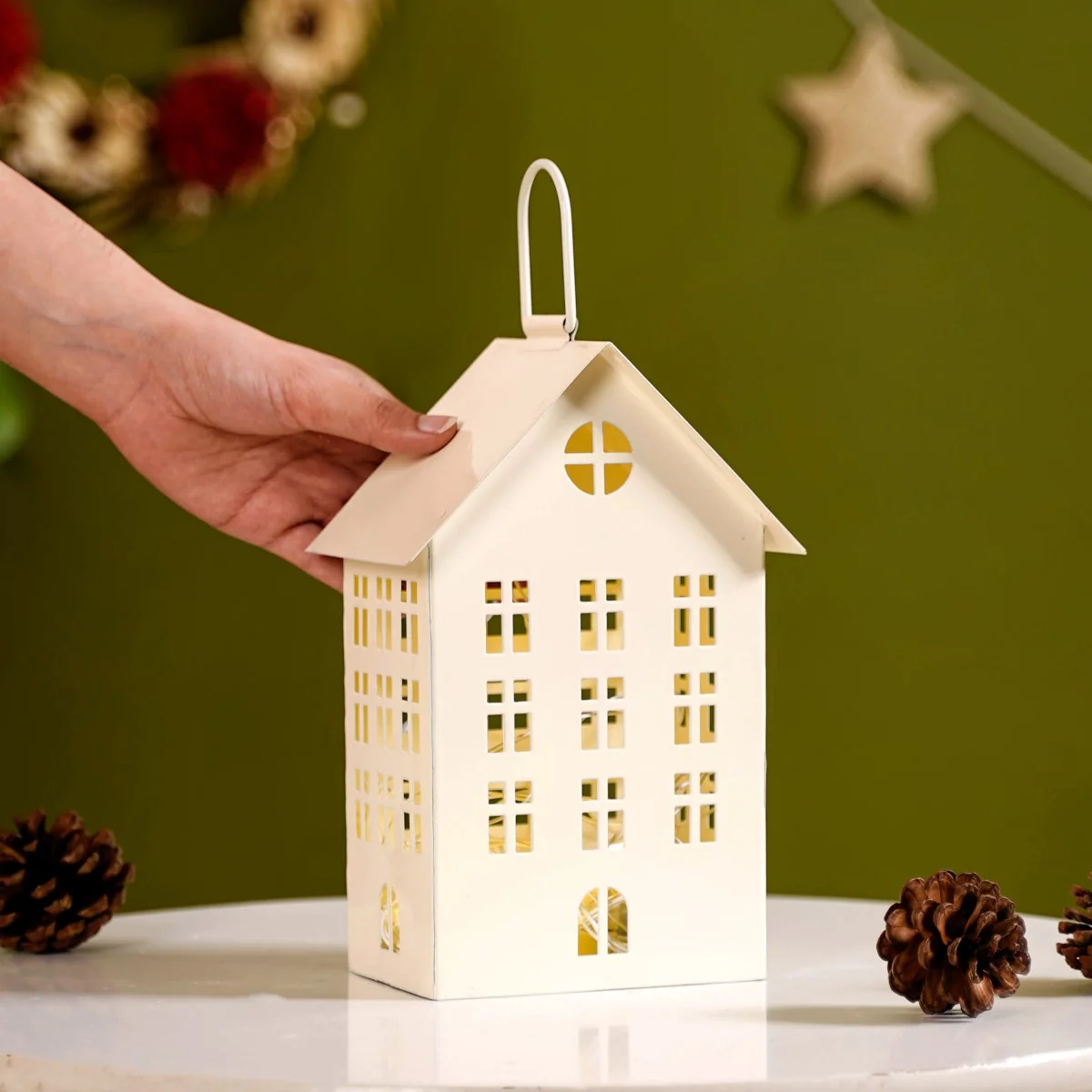 Festive House Lantern With Handle Ivory - Image 2