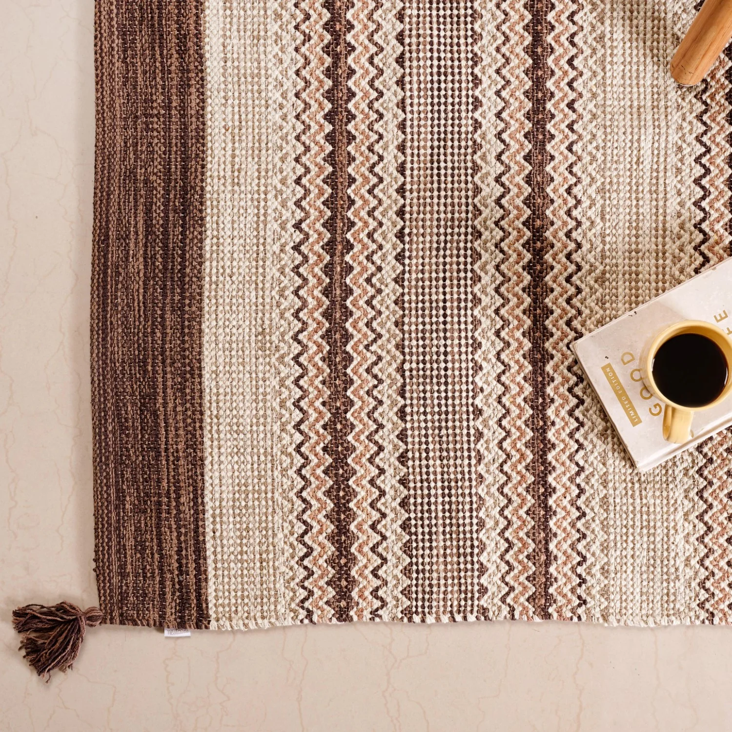 Flat Weave Zigzag Handwoven Cotton Dari Carpet 69x36 Inch - Image 6