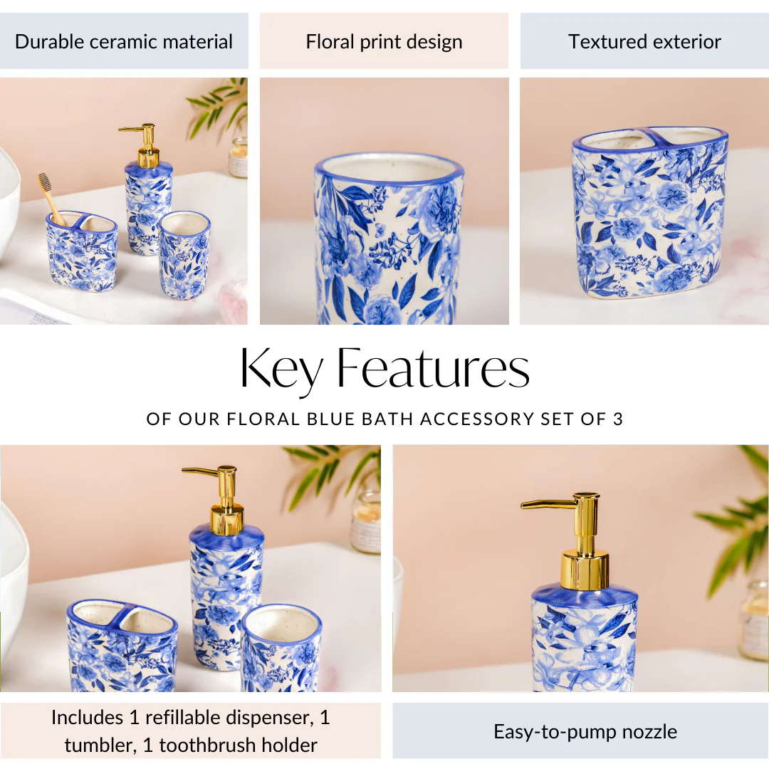 Floral Blue Bath Accessory Set Of 3 - Image 4