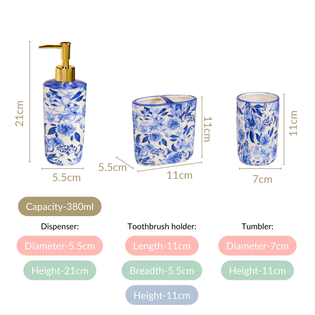 Floral Blue Bath Accessory Set Of 3 - Image 5