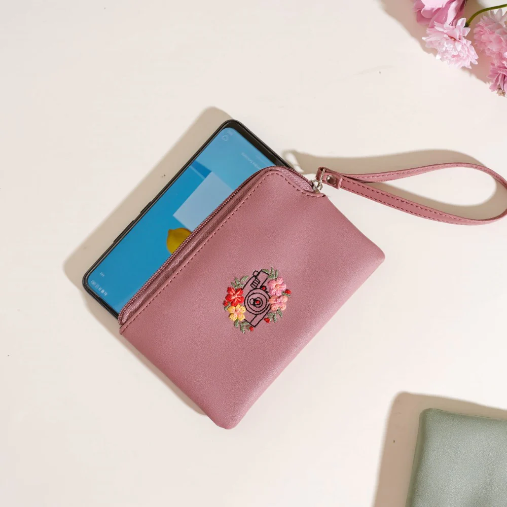 Floral Camera Embroidered Wristlet Pink - Image 4