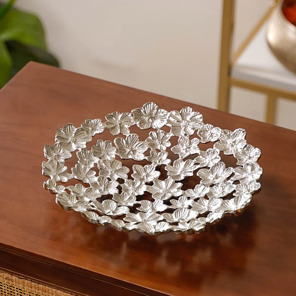 Floral Decorative Platter Tray Silver