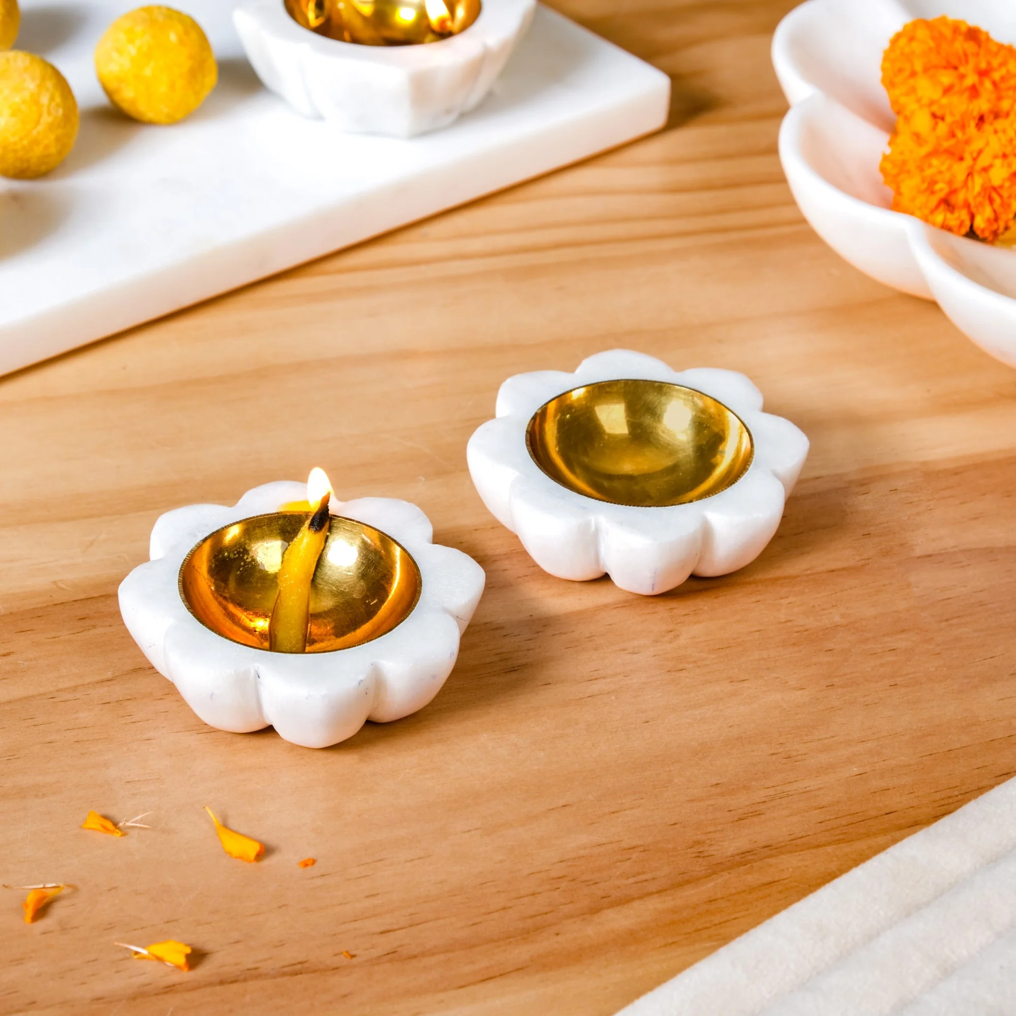 Floral Design Marble And Brass Diya Set Of 2 - Image 3