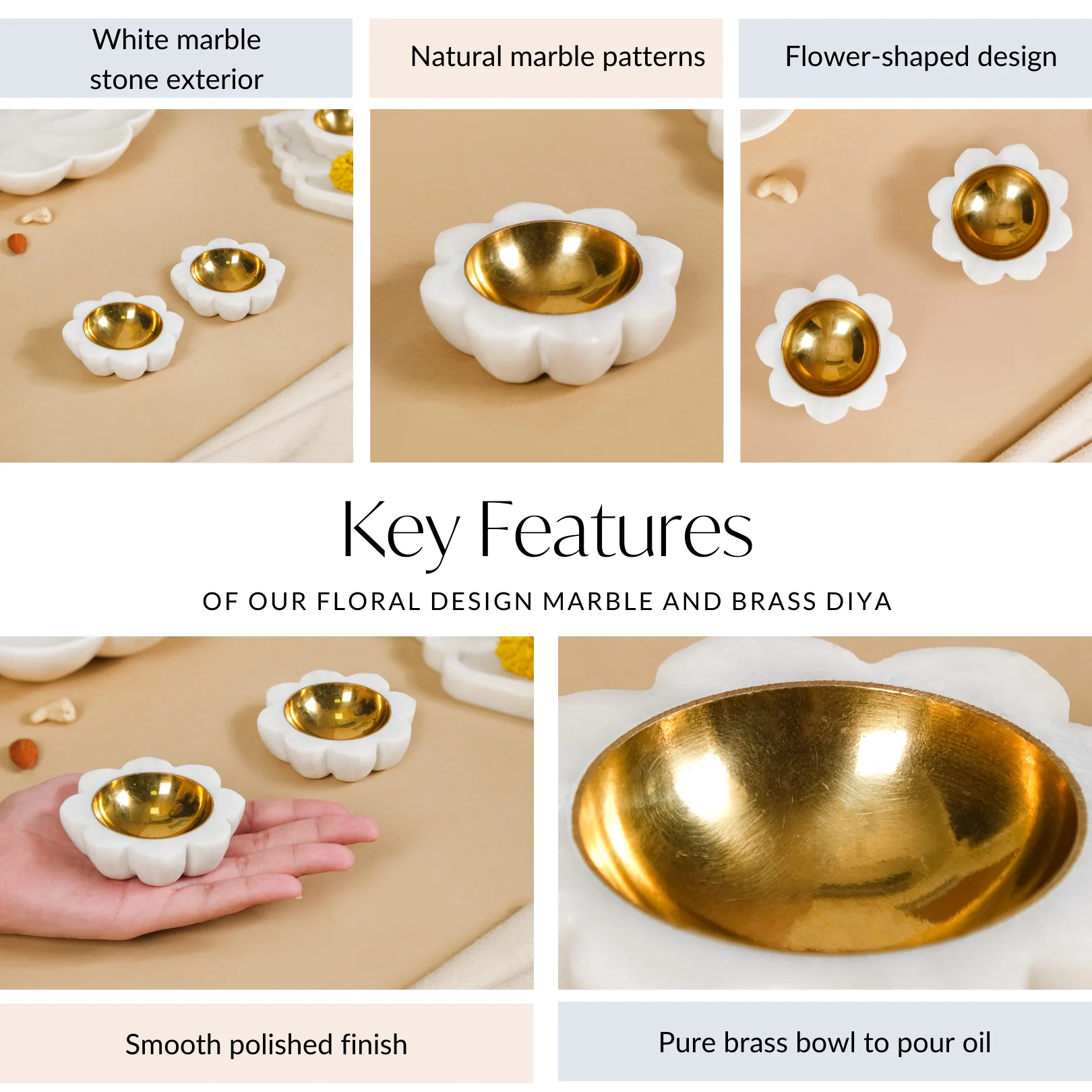 Floral Design Marble And Brass Diya Set Of 2 - Image 5