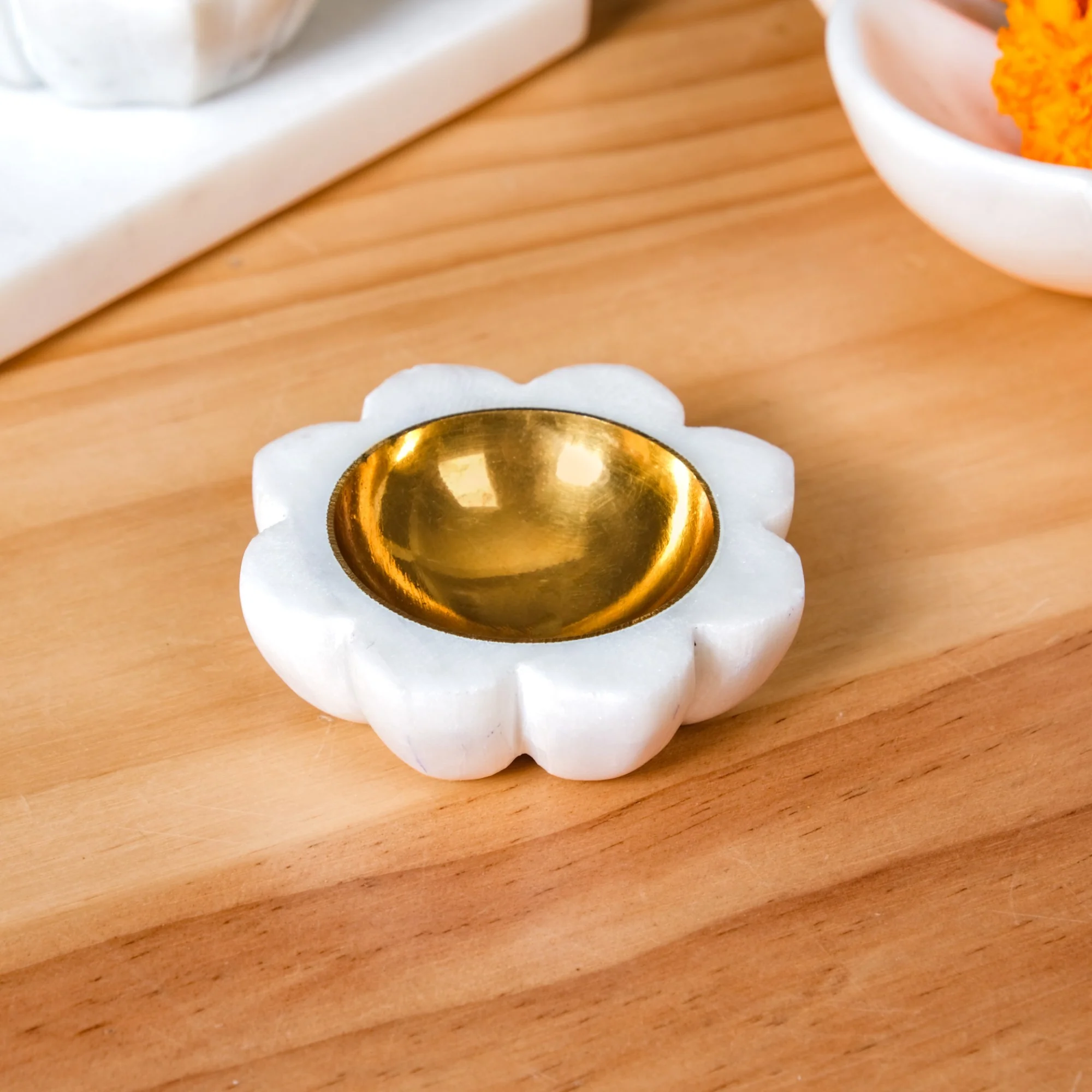 Floral Design Marble And Brass Diya Set Of 2 - Image 7