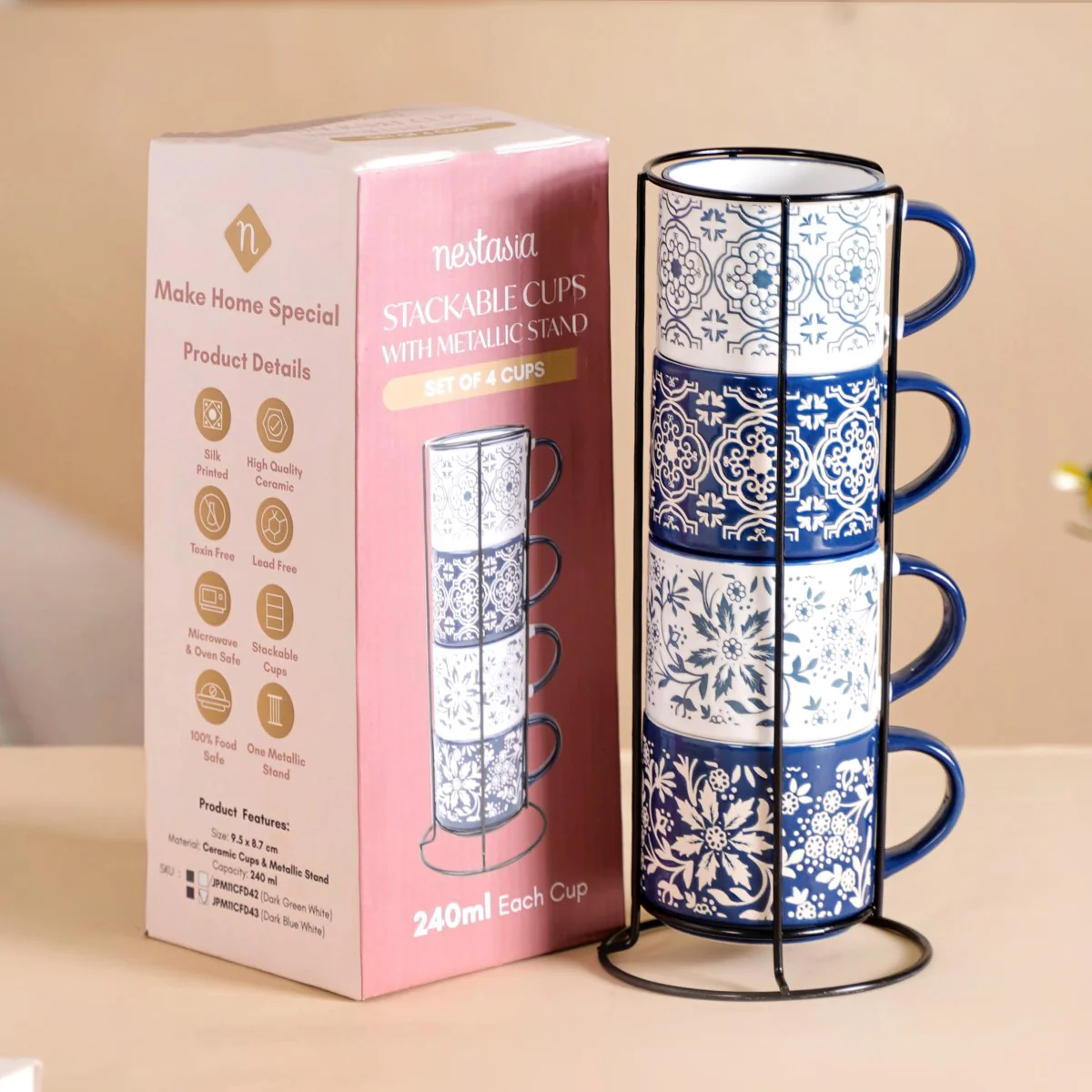 Floral Design Stackable Coffee Mugs Set of 4 240ml - Image 3