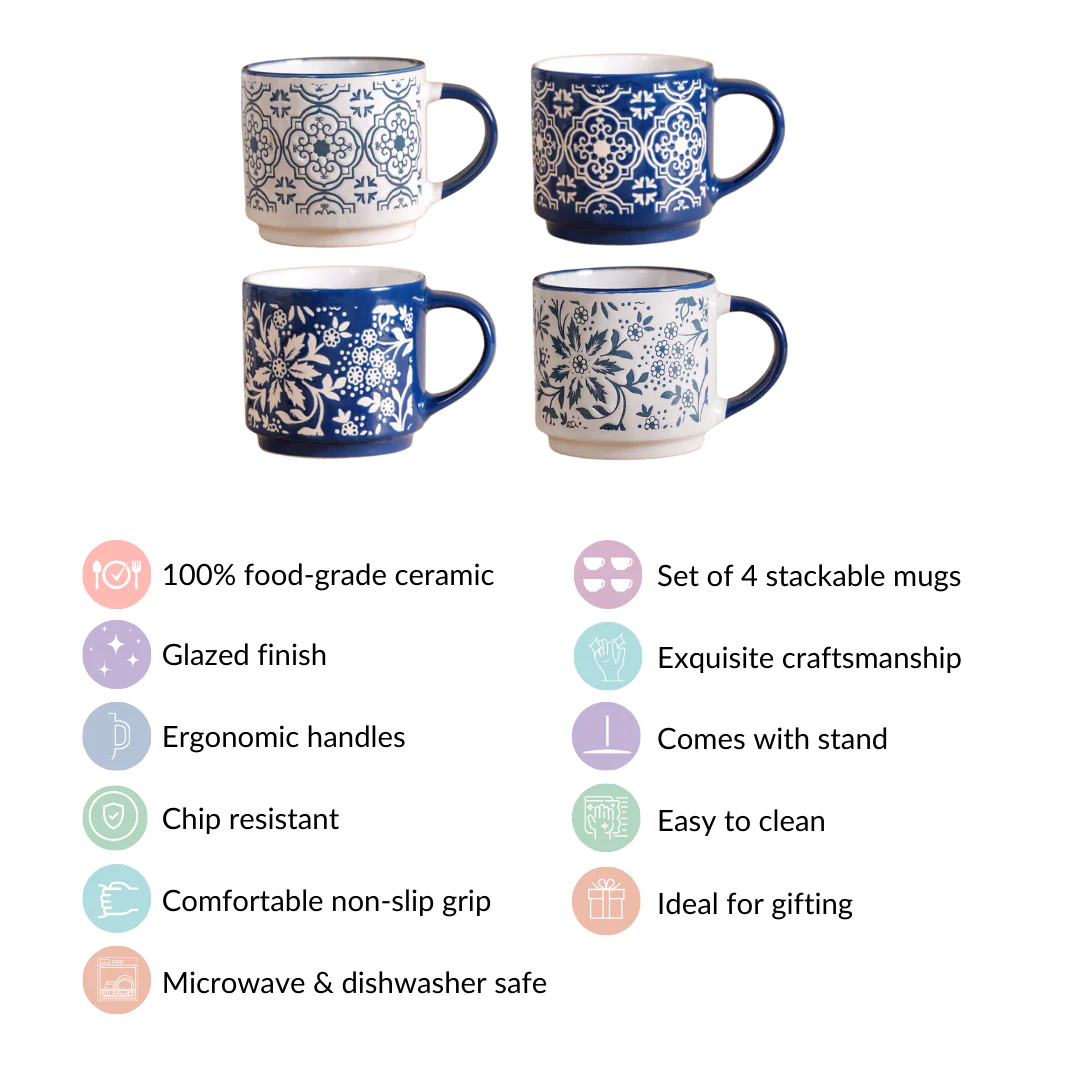 Floral Design Stackable Coffee Mugs Set of 4 240ml - Image 6