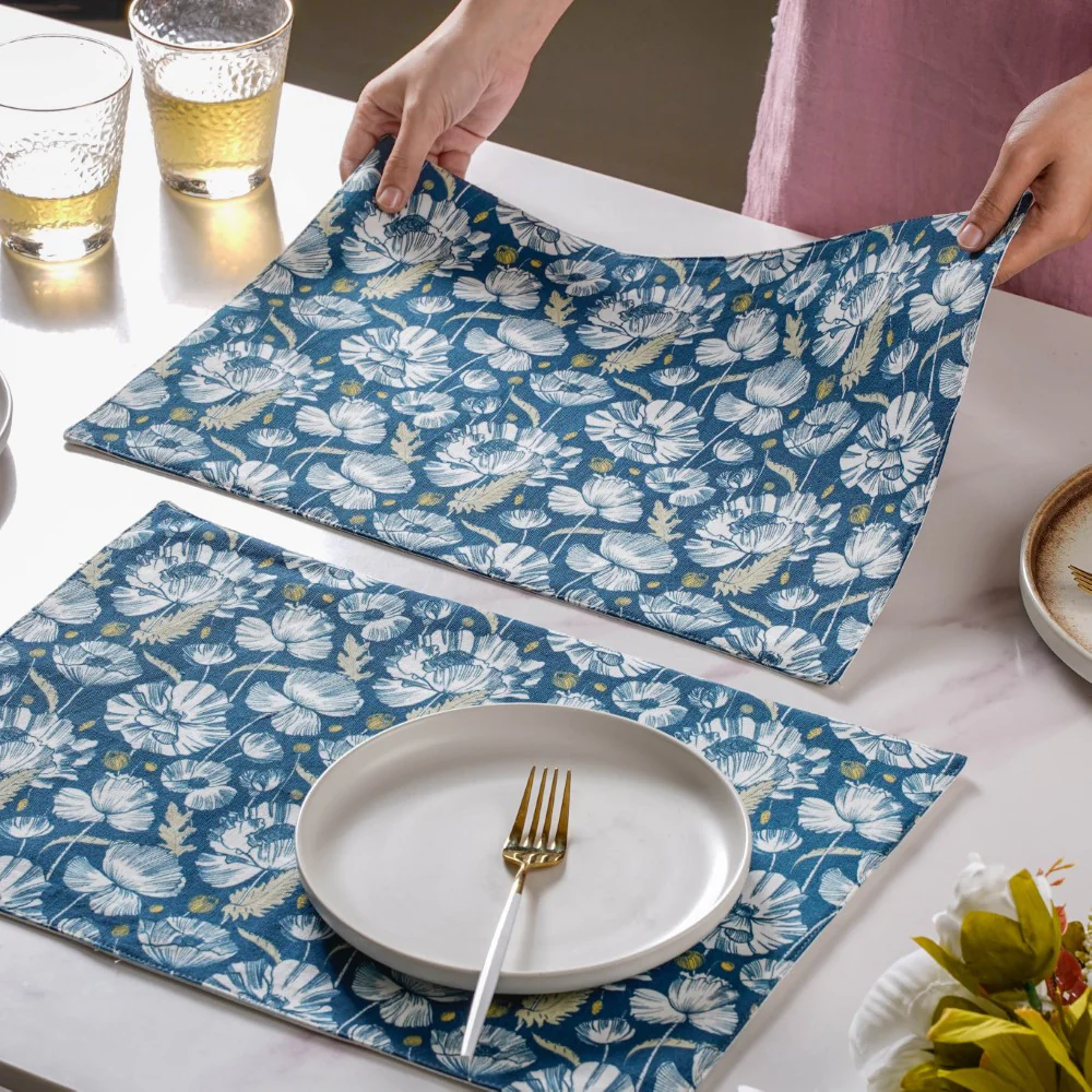Floral Dining Cotton Printed Table Mat Royal Blue Set Of 6 - Image 3