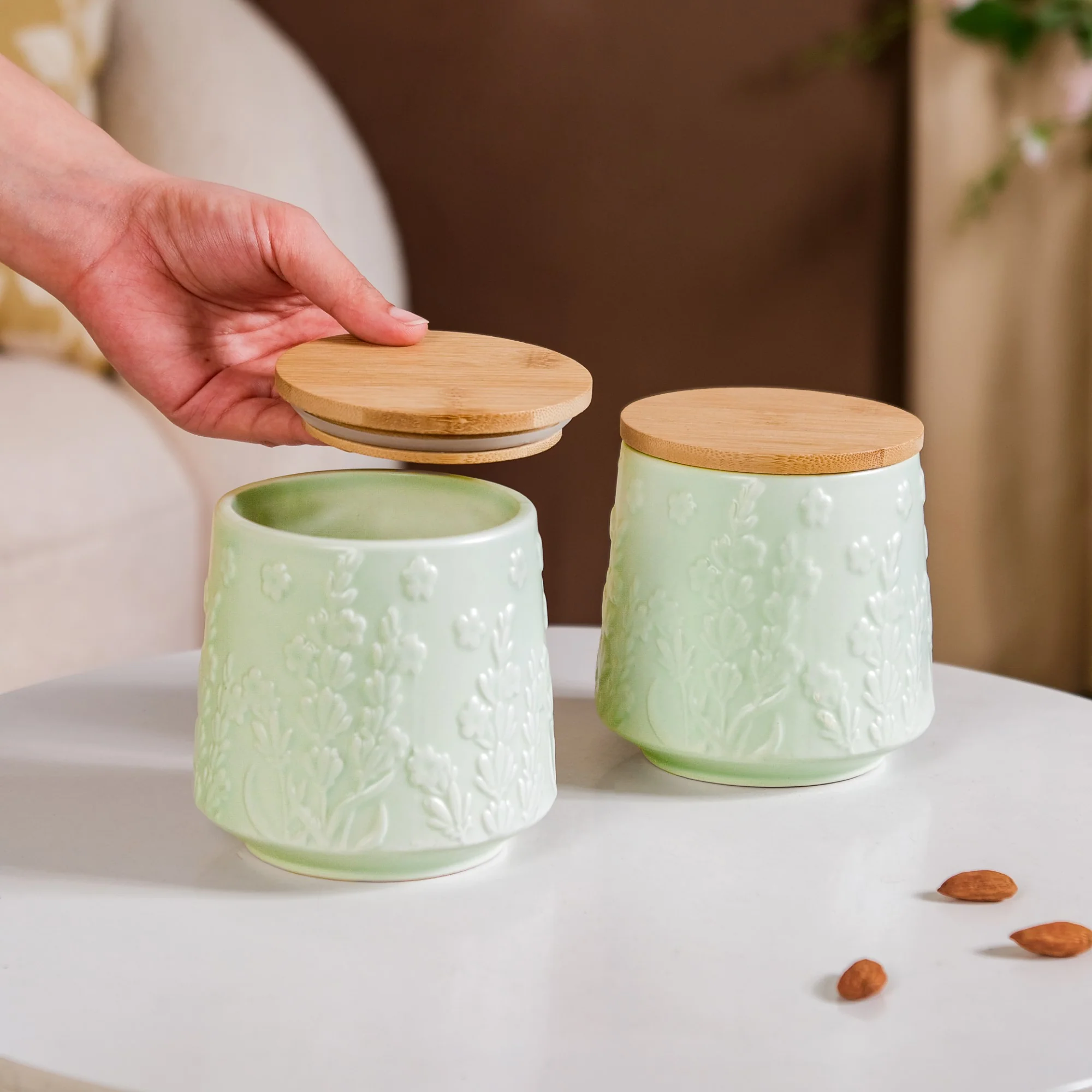 Floral Embossed Ceramic Jar For Storage Set Of 2 Mint Green - Image 3