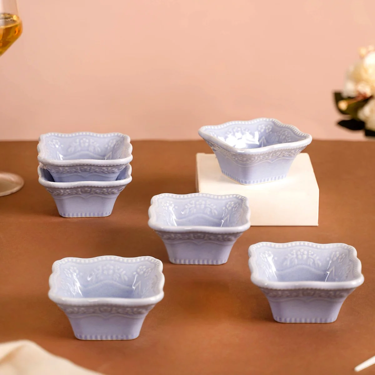 Floral Embossed Small Square Dip Bowl Set Of 6 Lavender 60ml - Image 3
