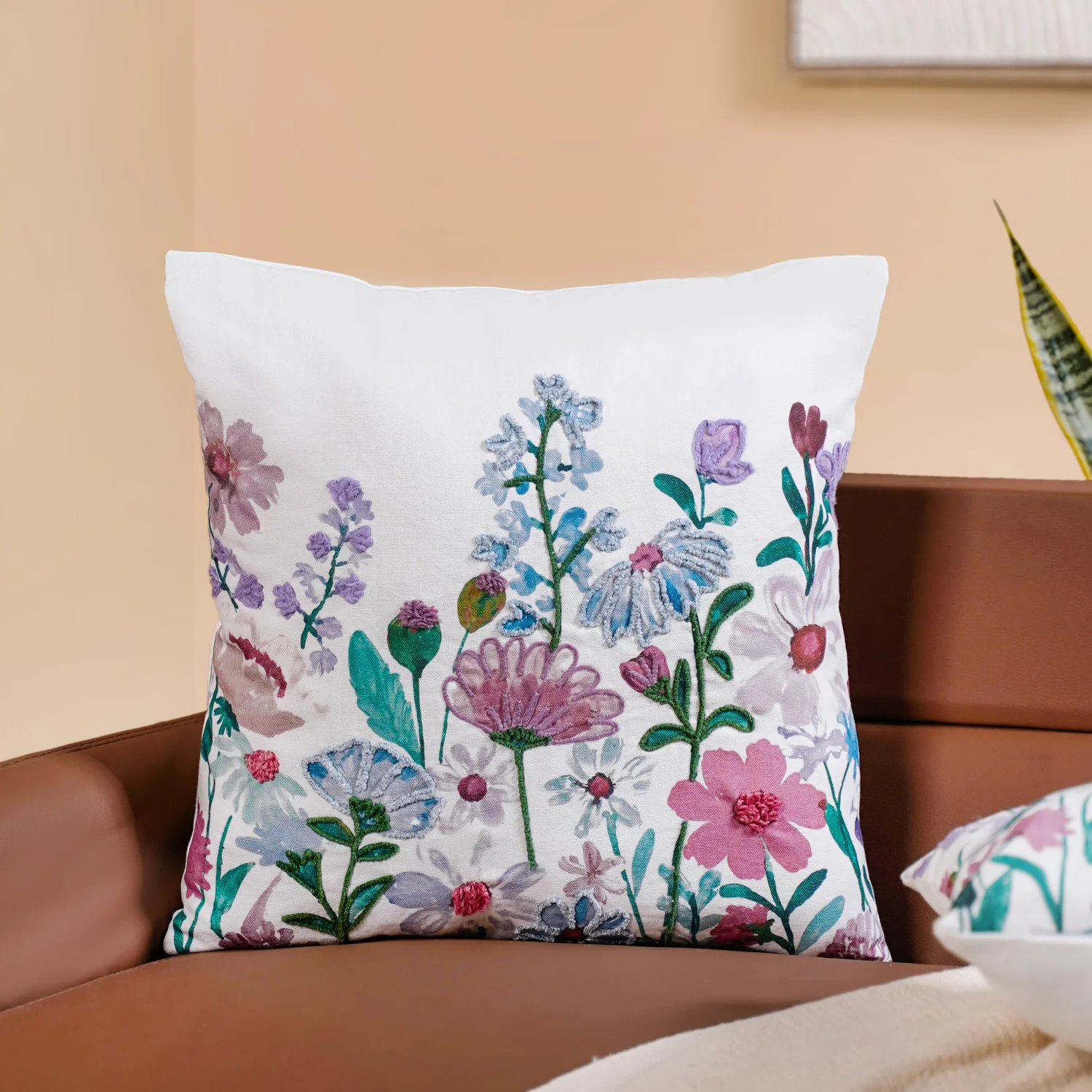 Floral Embroidered Cotton Cushion Cover Set Of 2 - Image 3