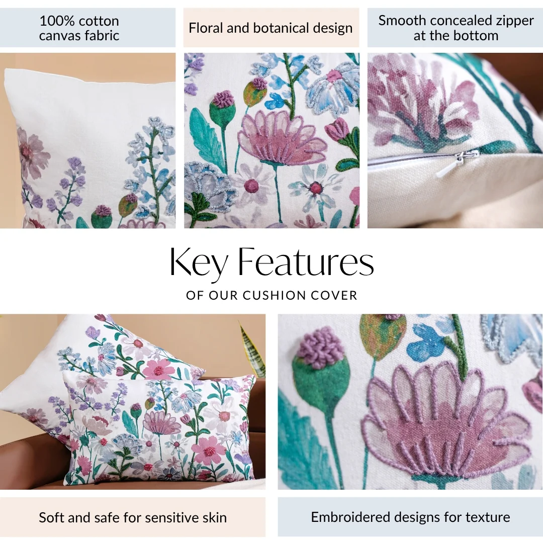 Floral Embroidered Cotton Cushion Cover Set Of 2 - Image 6