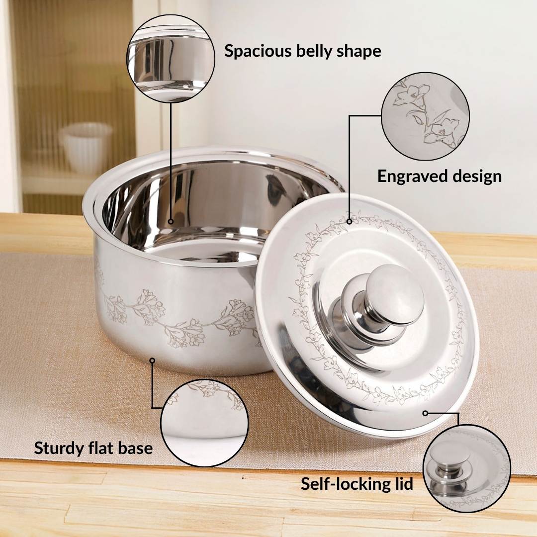 Floral Etched Stainless Steel Casserole With Lid 1500ml - Image 5
