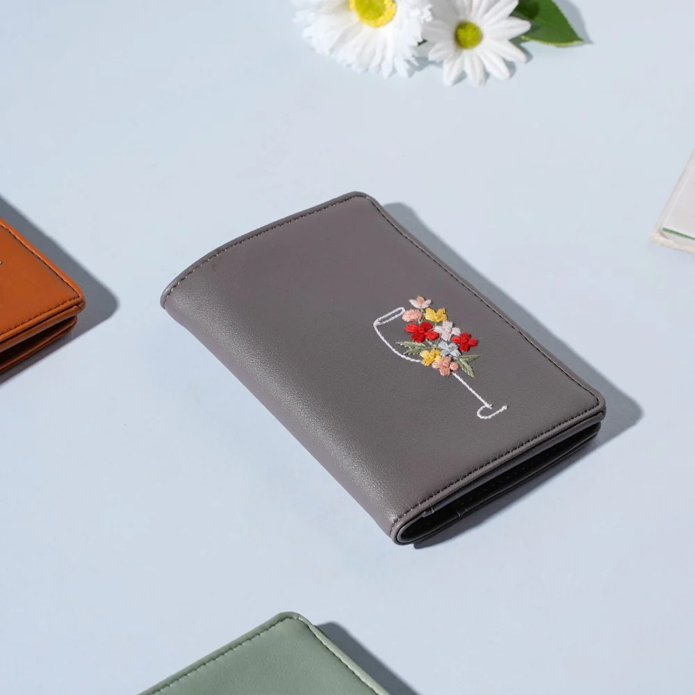 Floral Line Art Embroidered Passport Cover Grey - Image 5
