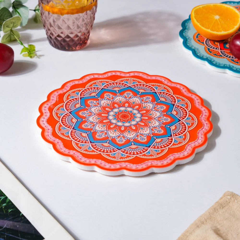 Floral Mandala Ceramic Trivet Orange 8 Inch - Image 3