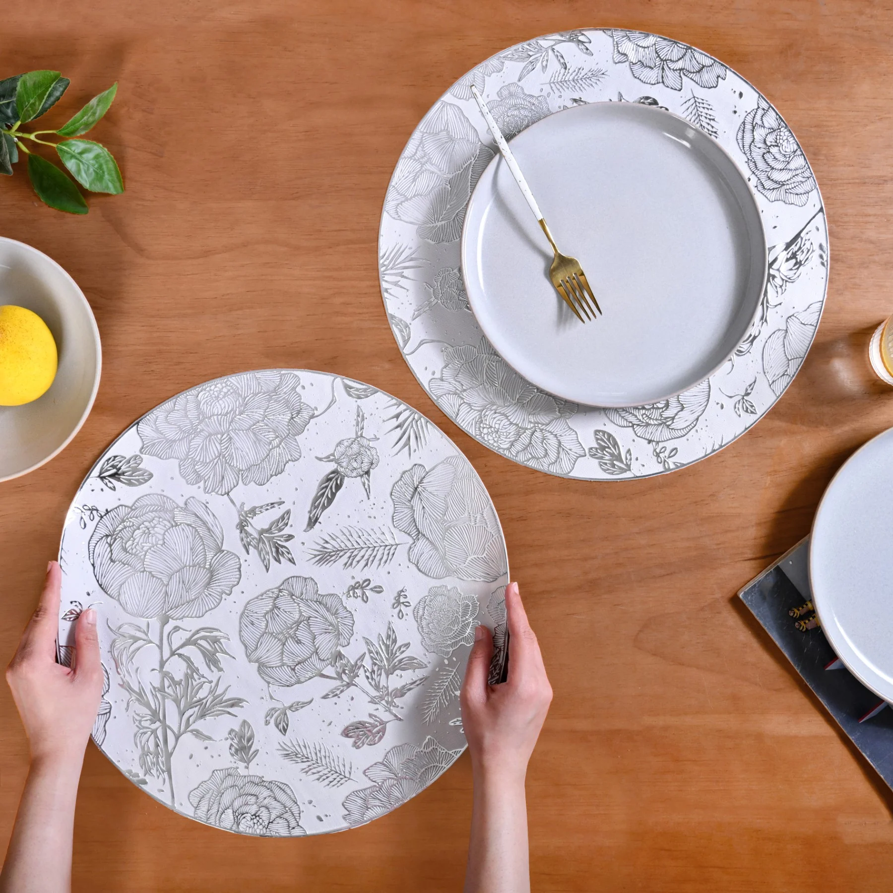 Floral Metallic Silver Table Mat Set Of 6 - Image 2