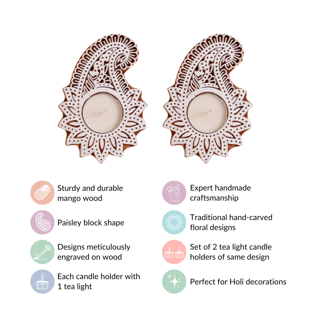 Floral Paisley Decorative Wooden Block Candle Holder Set Of 2 - Image 6