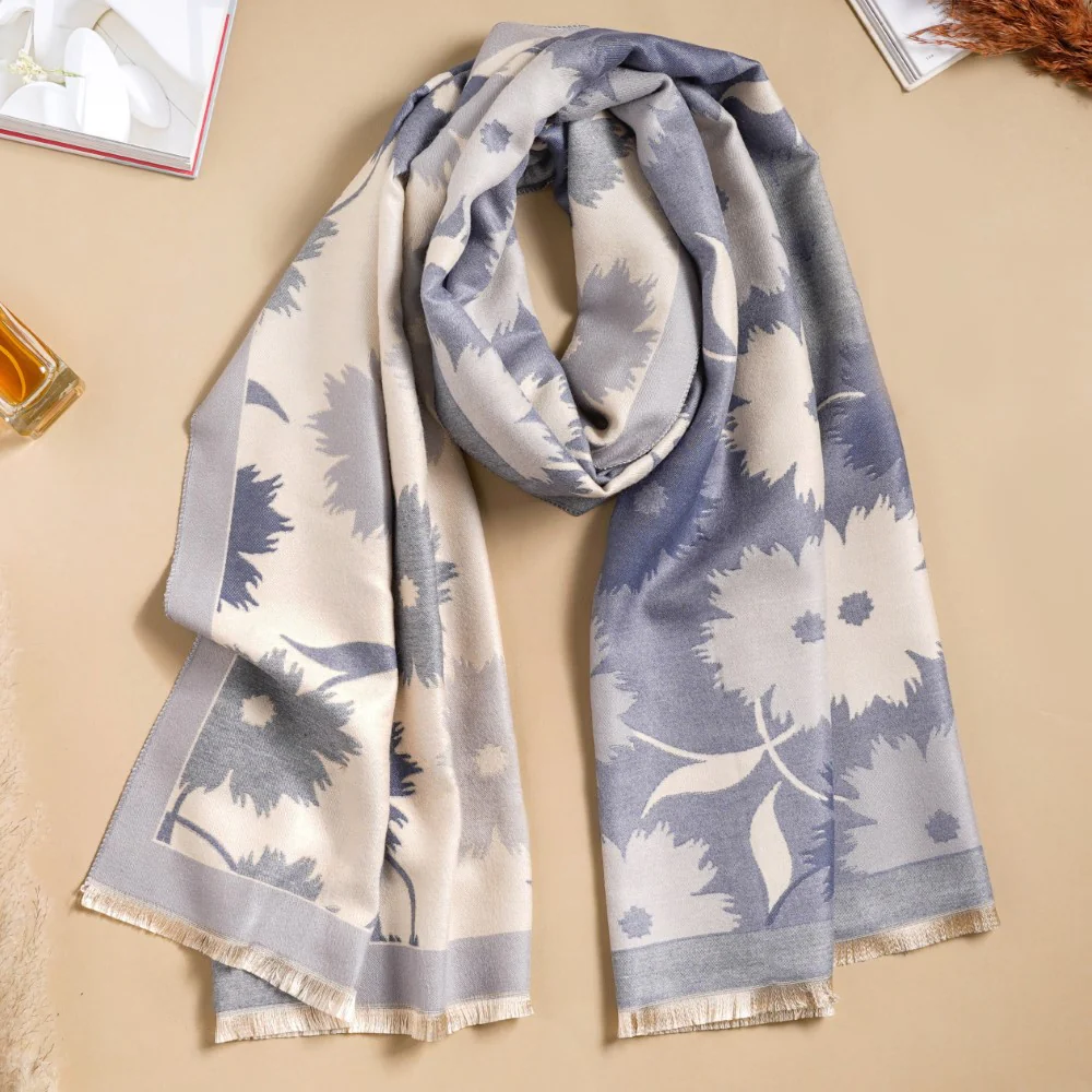 Floral Printed Woolen Scarf Blue - Image 6