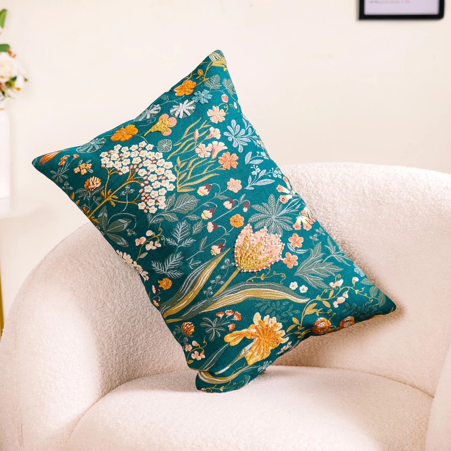 Floral Whimsy Dark Green Embroidered Cushion Cover 20x14 Inch - Image 2