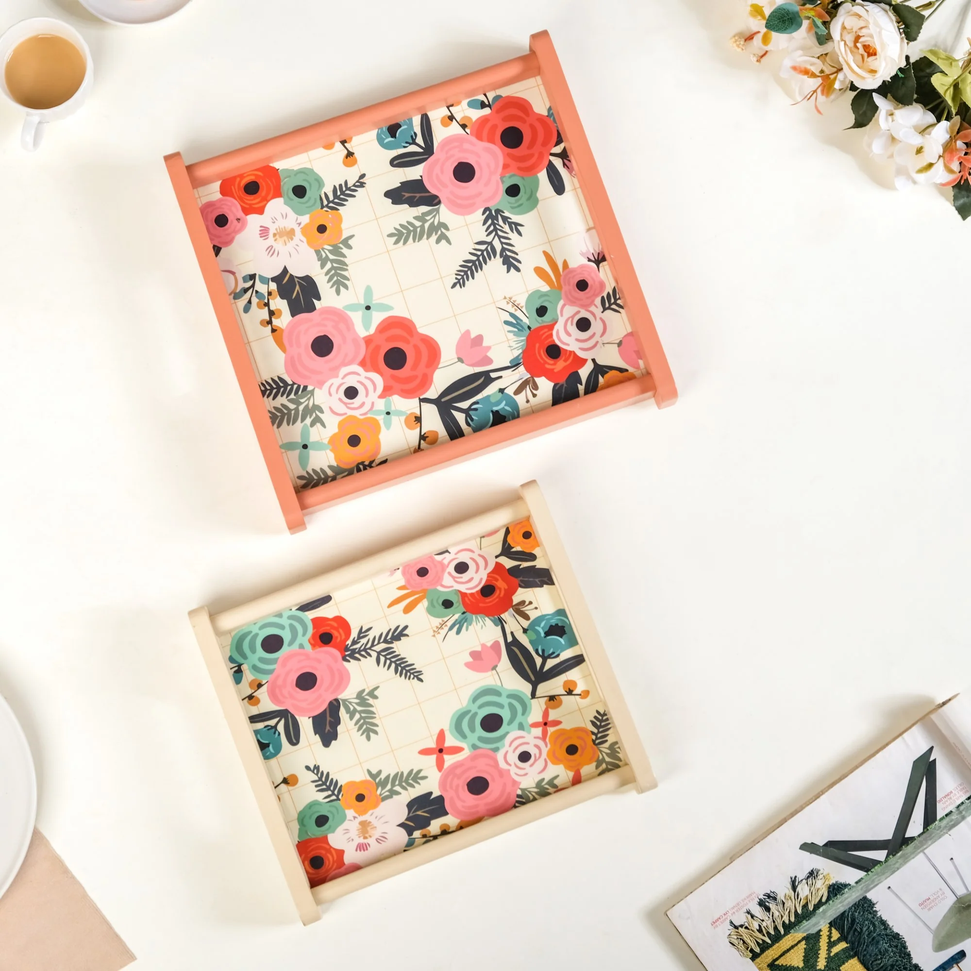Flower Bouquet Nested Wooden Tray Set Of 2 - Image 2