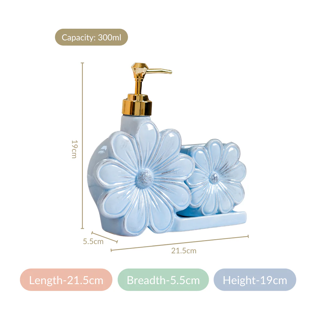 Flower Soap Dispenser With Holder Ceramic Blue - Image 5