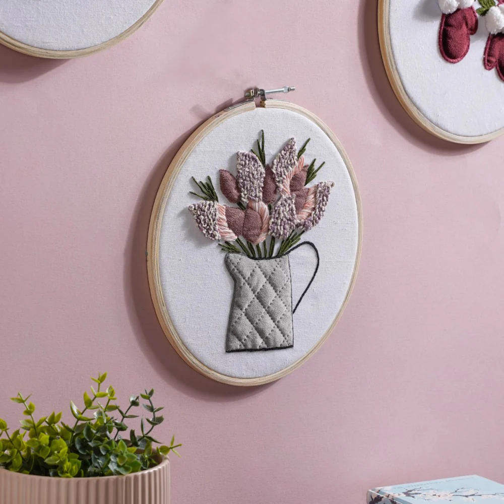 Flower Vase Hand Embroidered Hoop Wall Hanging 10 Inch - Image 3