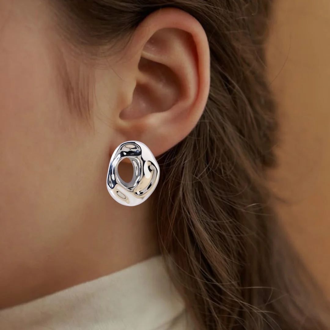 Fluid Hollow Oval Silver Statement Earrings - Image 5