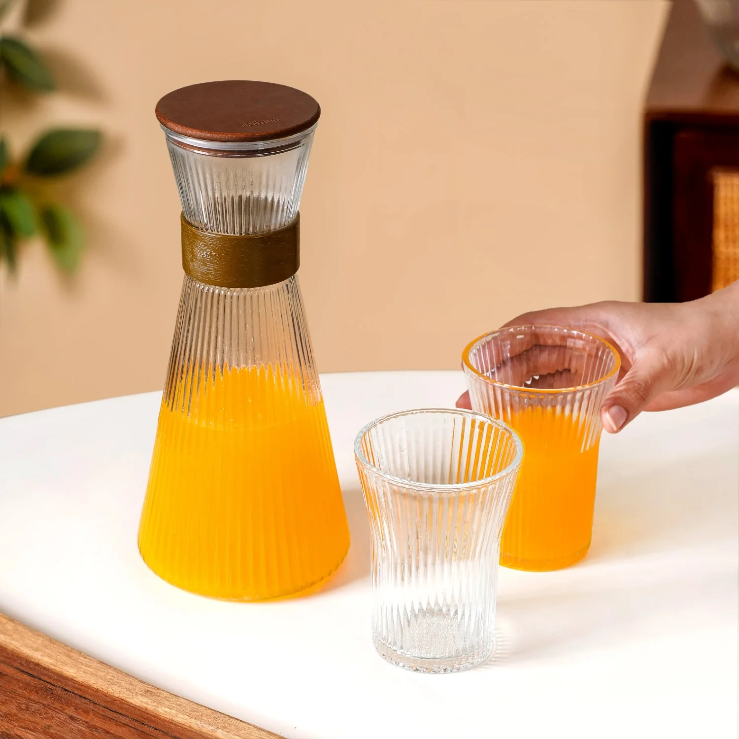 Fluted Glass Carafe Jug With 2 Tumblers - Image 2