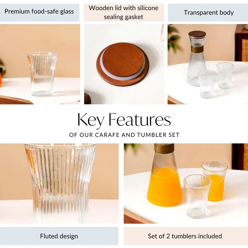 Fluted Glass Carafe Jug With 2 Tumblers - Image 5