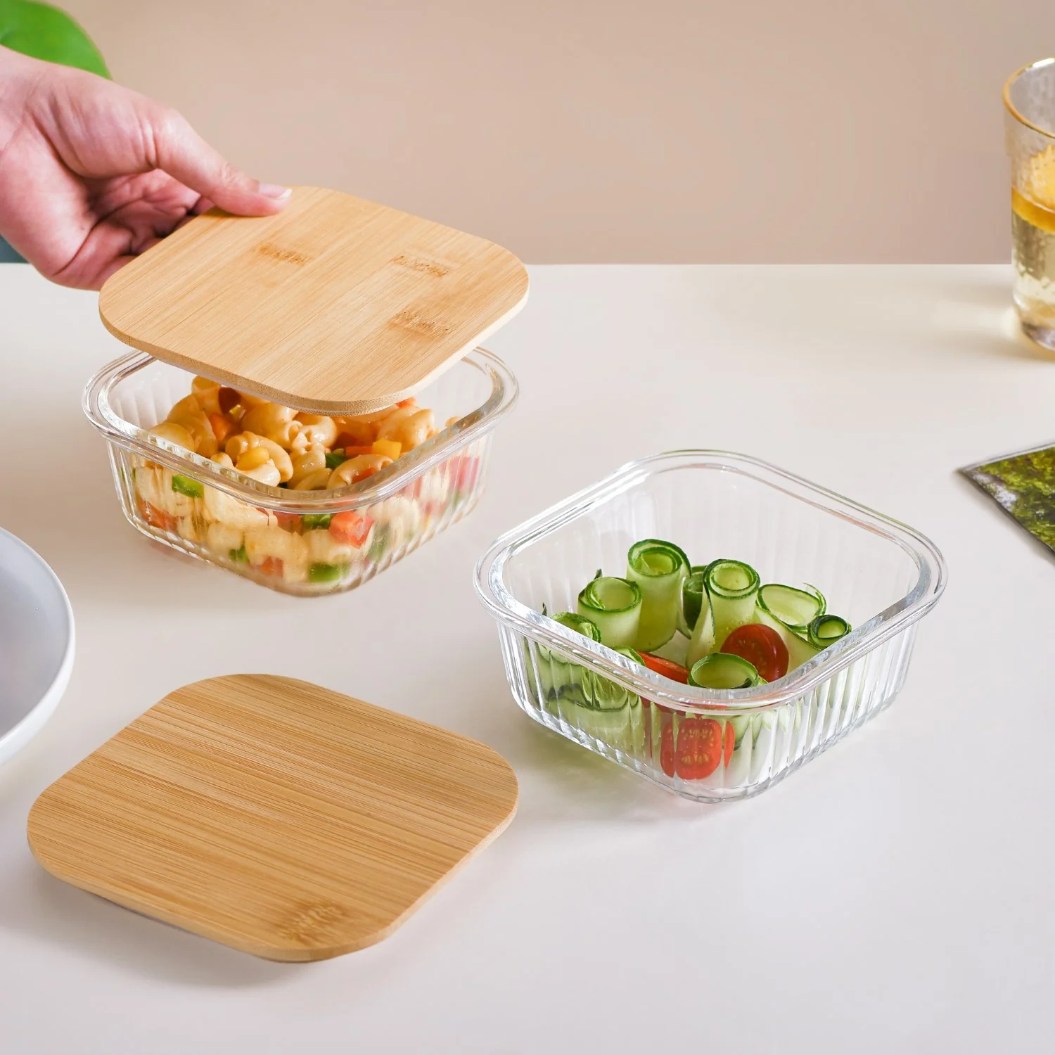 Fluted Glass Container With Bamboo Lid Medium Set Of 2 500ml - Image 2