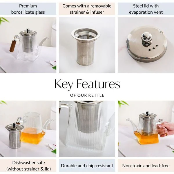 Fluted Glass Kettle With Wooden Handle 700ml - Image 4