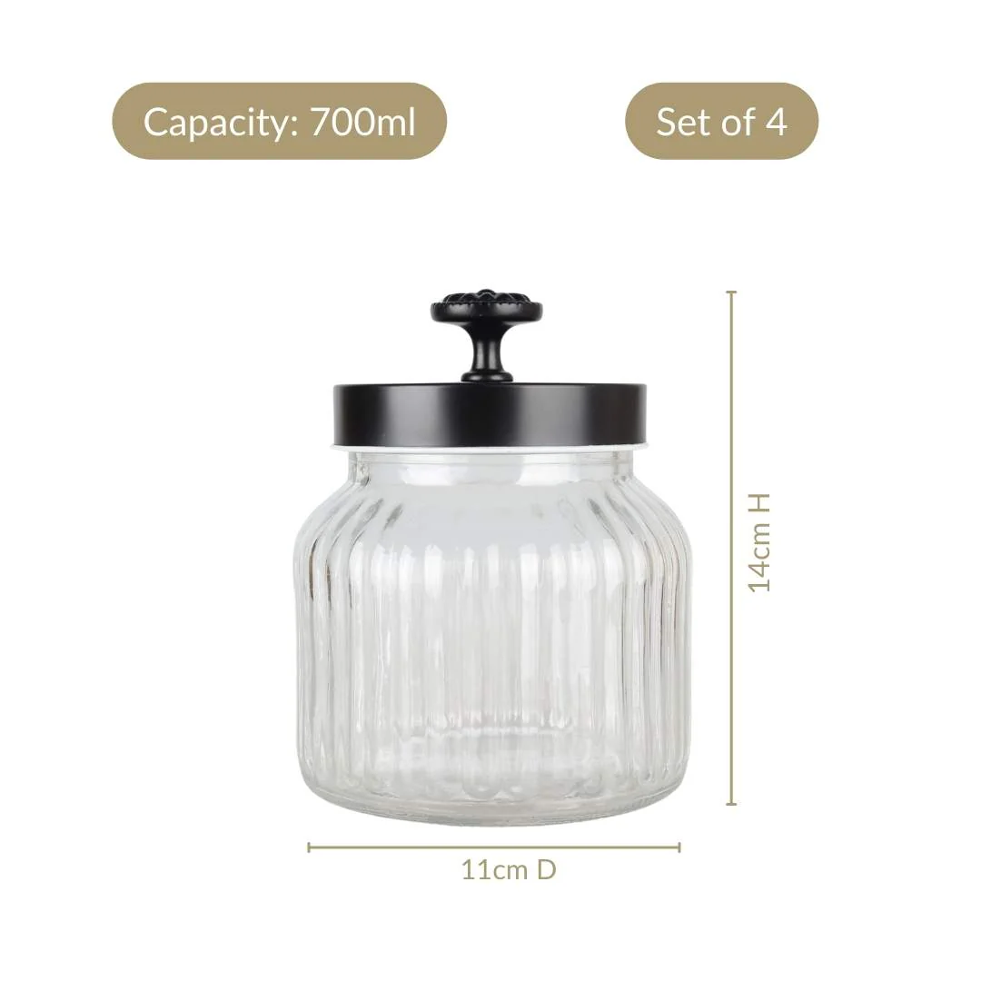 Fluted Jar With Flower Knob Lid Set Of 4 Matte Black 700ml - Image 4