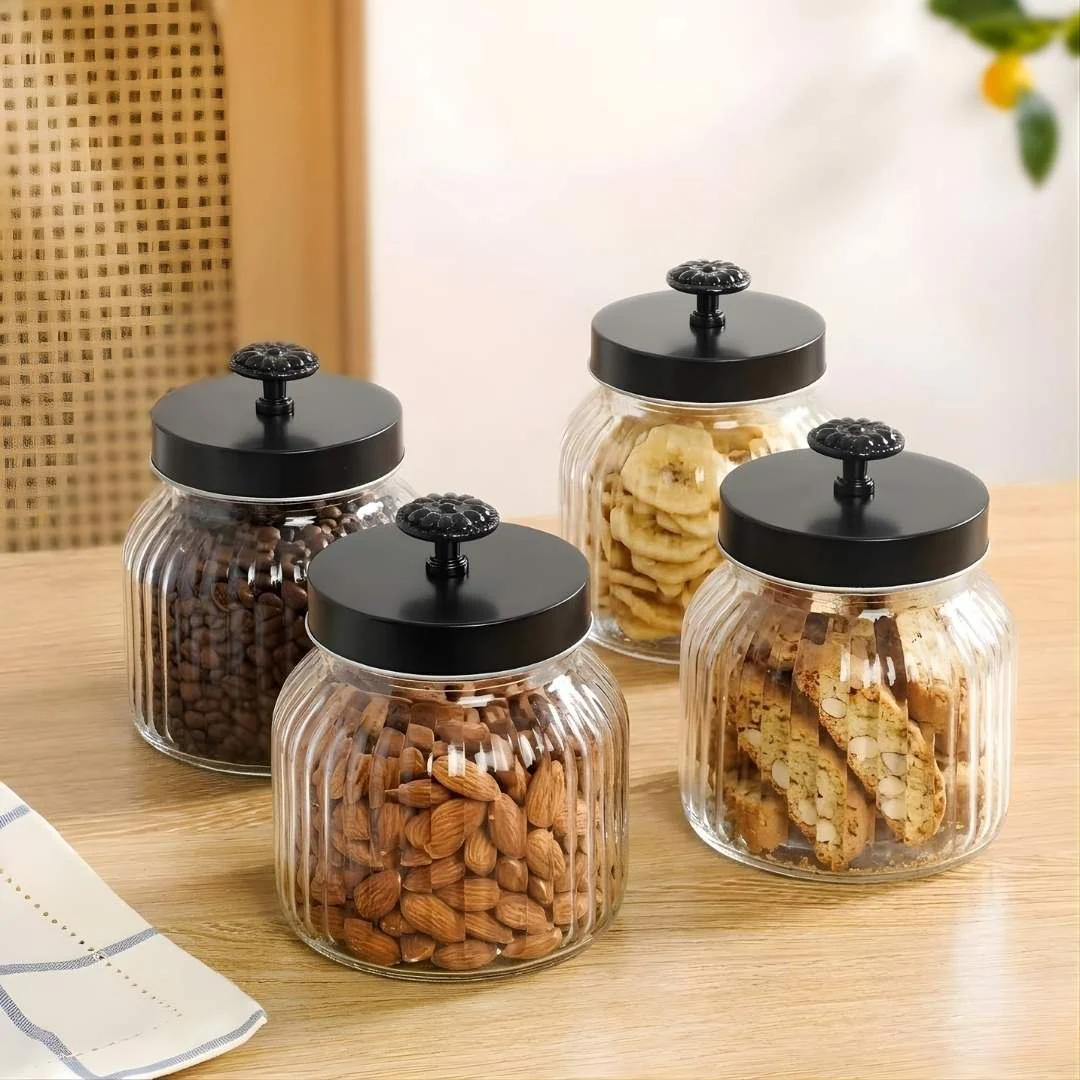 Fluted Jar With Flower Knob Lid Set Of 4 Matte Black 700ml - Image 8