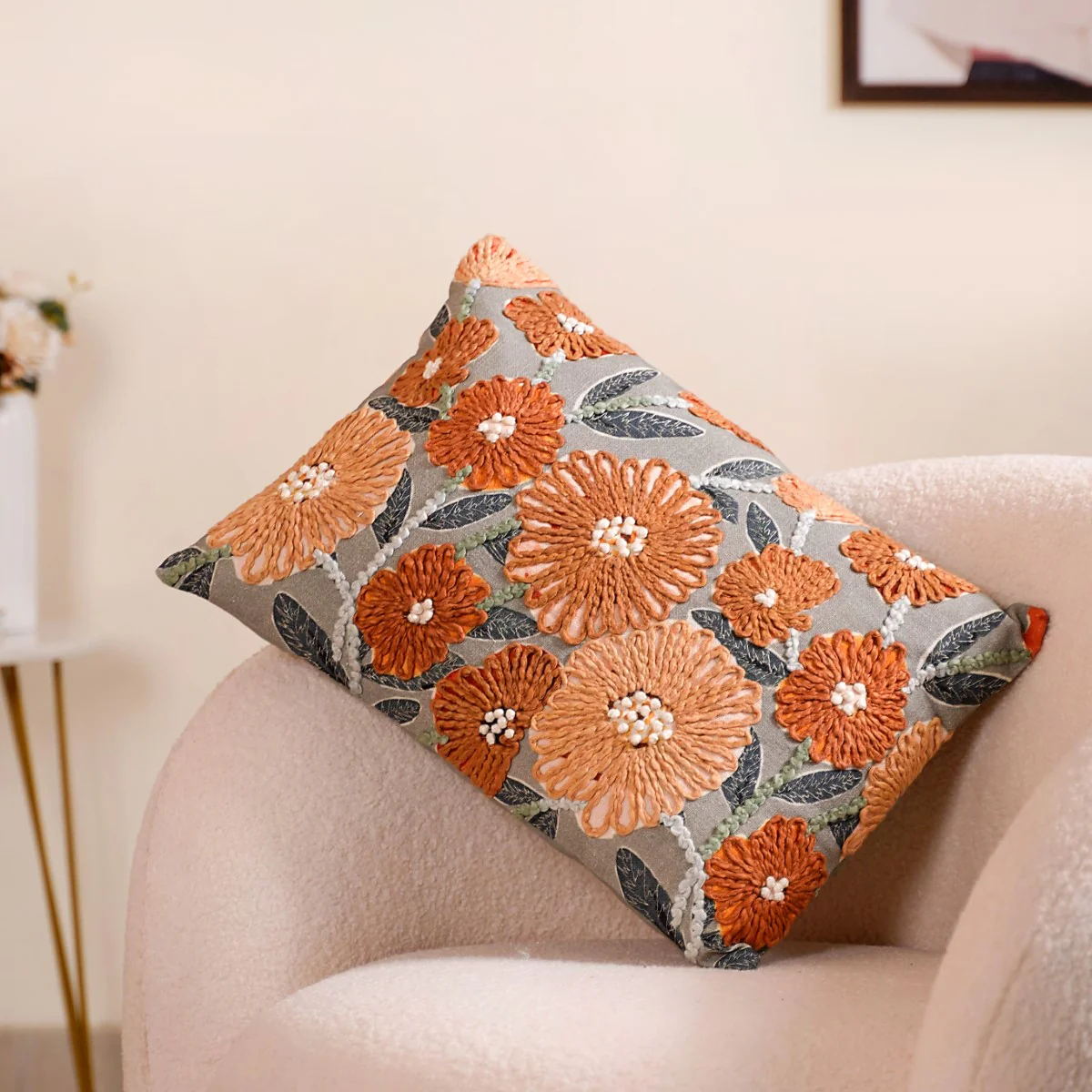 French Knot Embroidered Floral Cushion Cover 20x14 Inch - Image 2