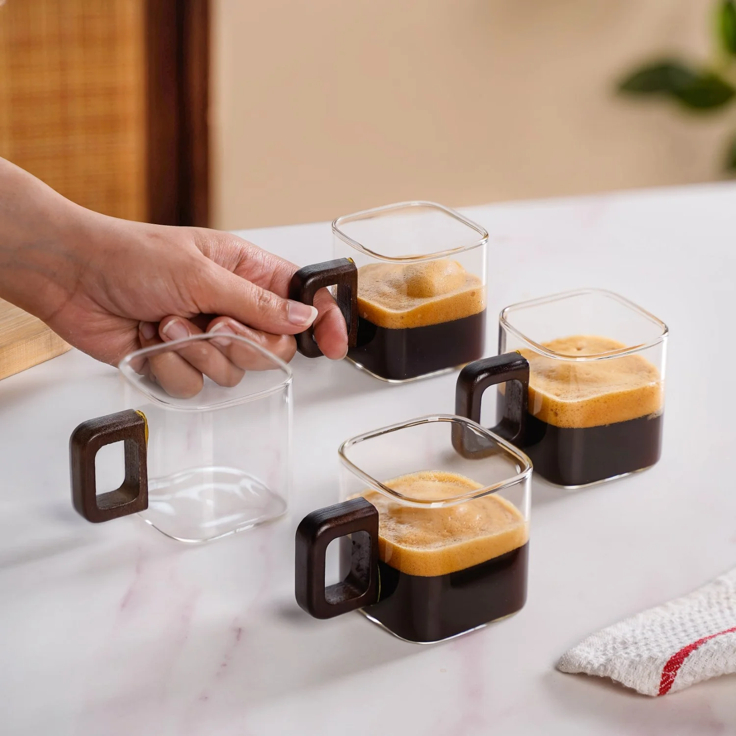 Fusion Square Glass Cups With Wooden Handle Set Of 4 200ml - Image 3