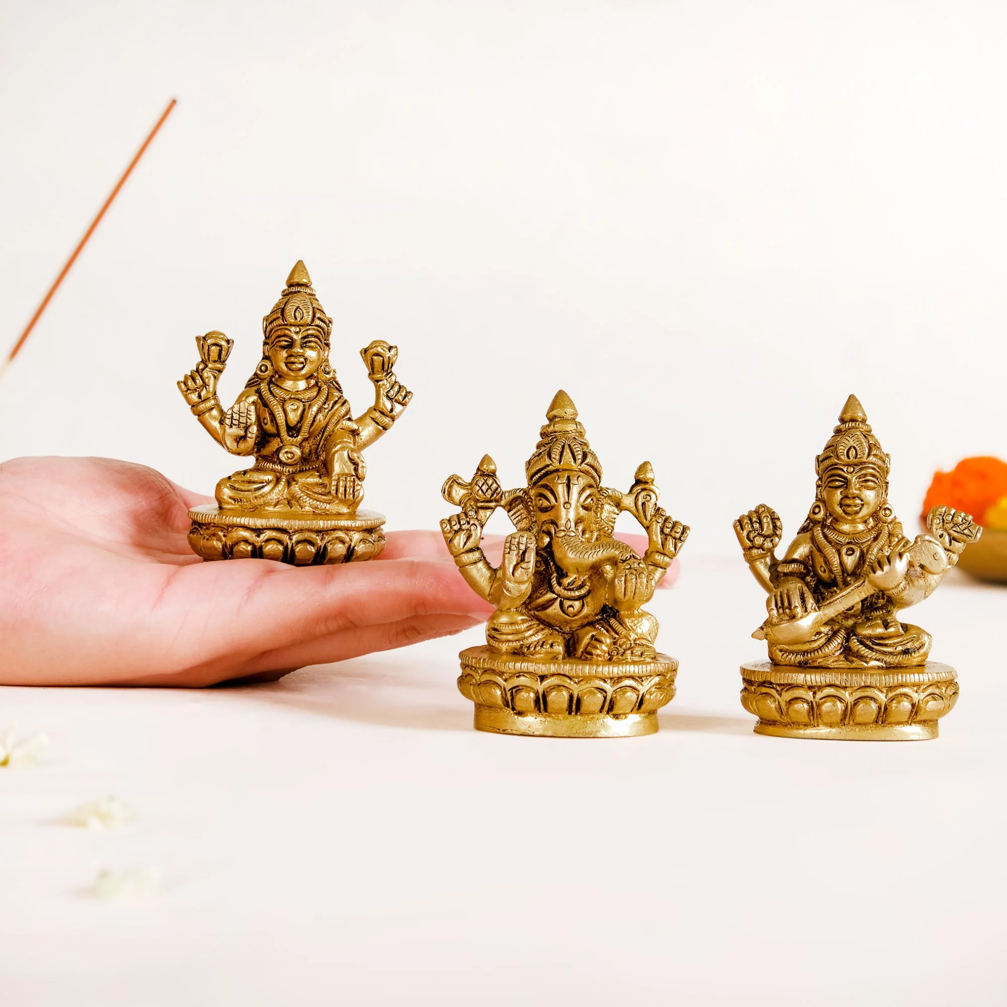 Ganesh Laxmi Saraswati Brass Puja Idol Set Of 3 7cm - Image 3