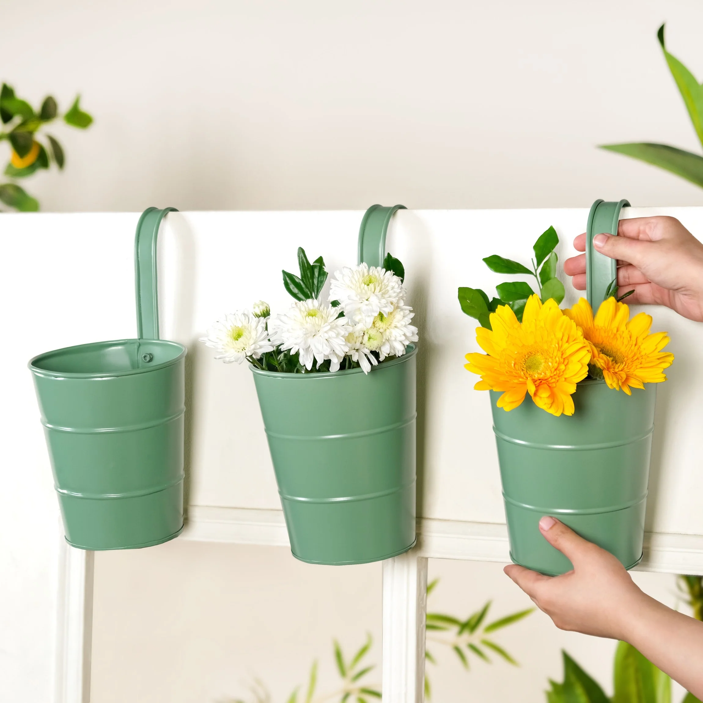 Garden Muse Hanging Flower Bucket Set Of 3 Sage Green - Image 2