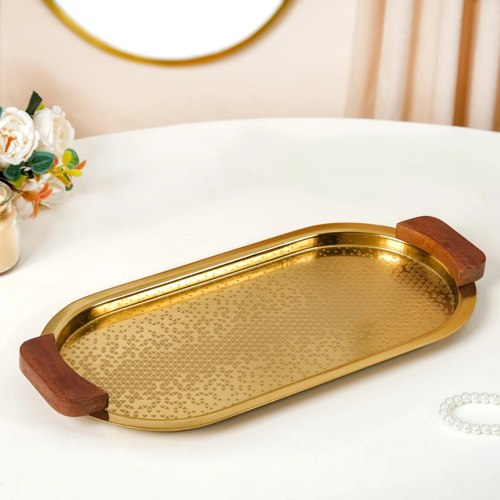 Geometric Embossed Oval Metal Tray With Wooden Handles - Image 2