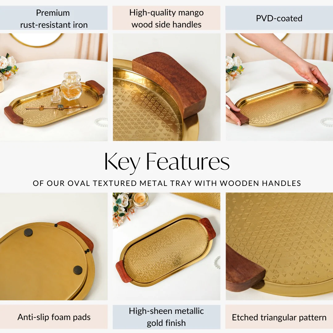Geometric Embossed Oval Metal Tray With Wooden Handles - Image 5