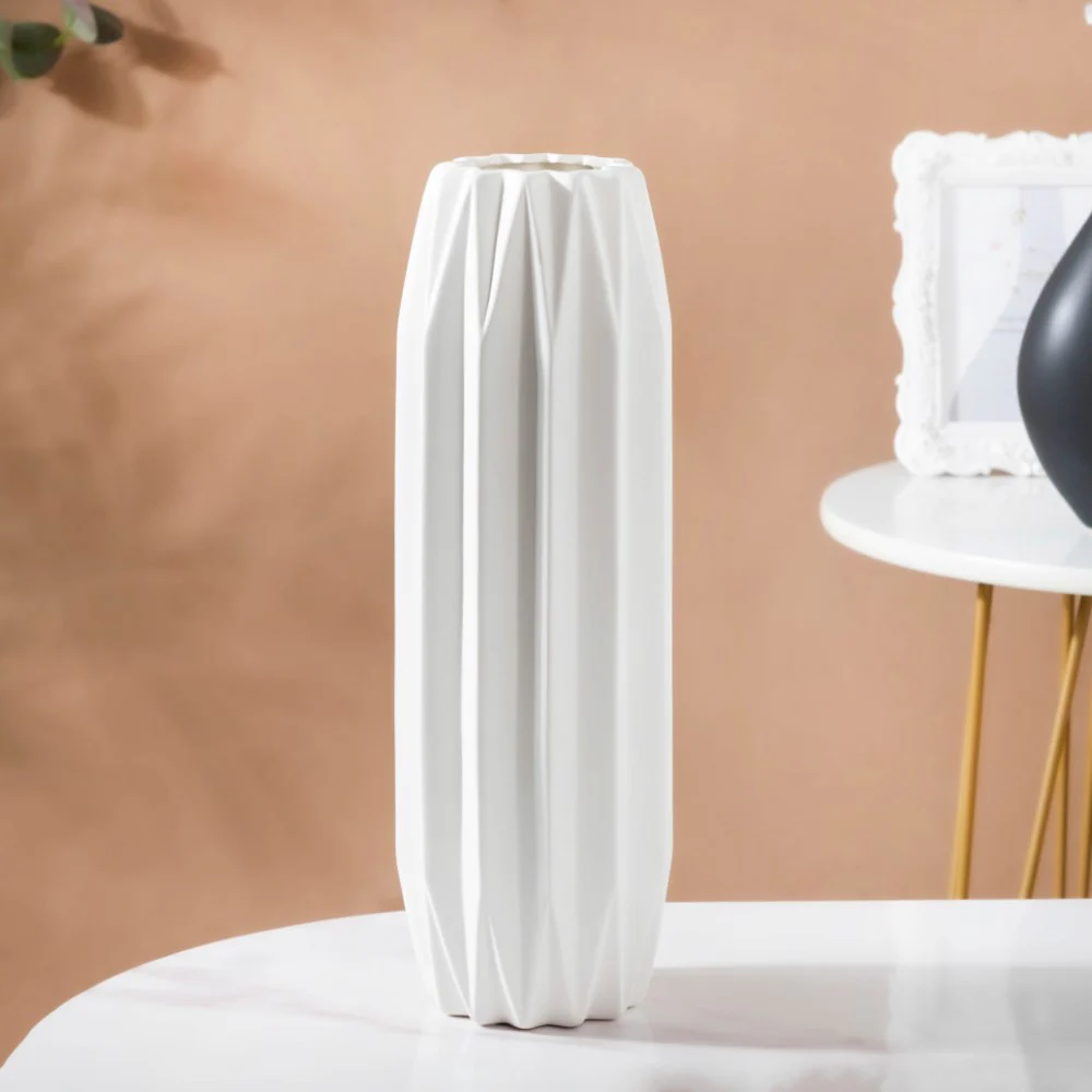 Geometric Textured Ceramic Vase White Tall - Image 7