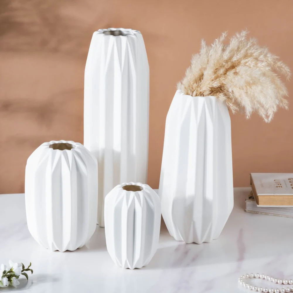Geometric Textured Ceramic Vase White Tall - Image 8