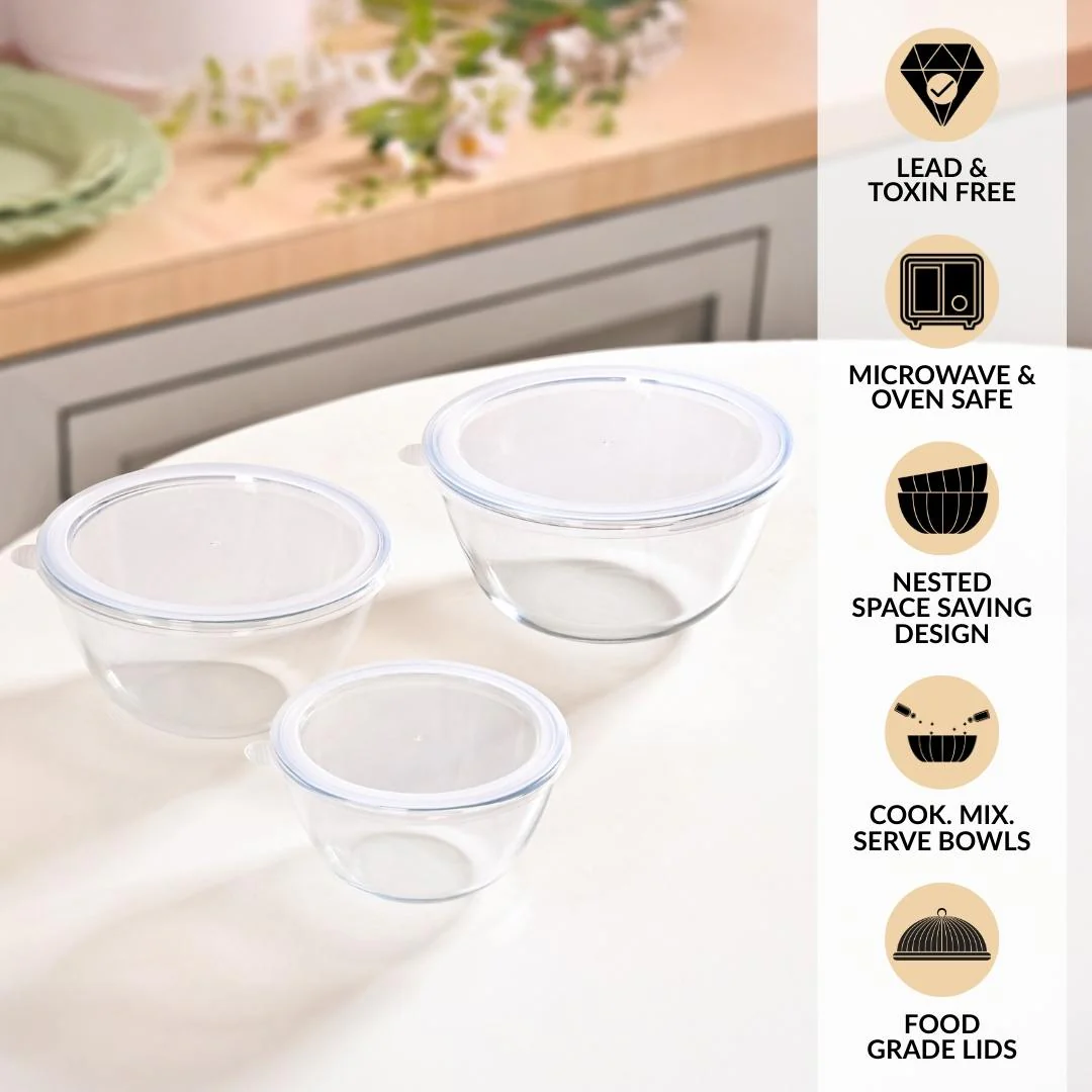 Glass Bowl With Lid Set of 3 Microwave Oven Safe - Image 3