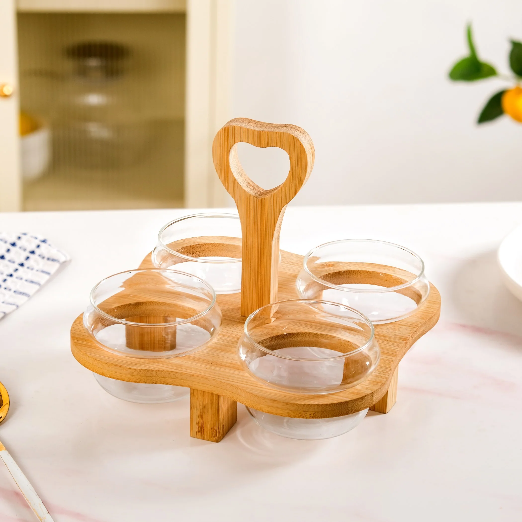 Glass Bowls Set Of 4 With Bamboo Stand - Image 2