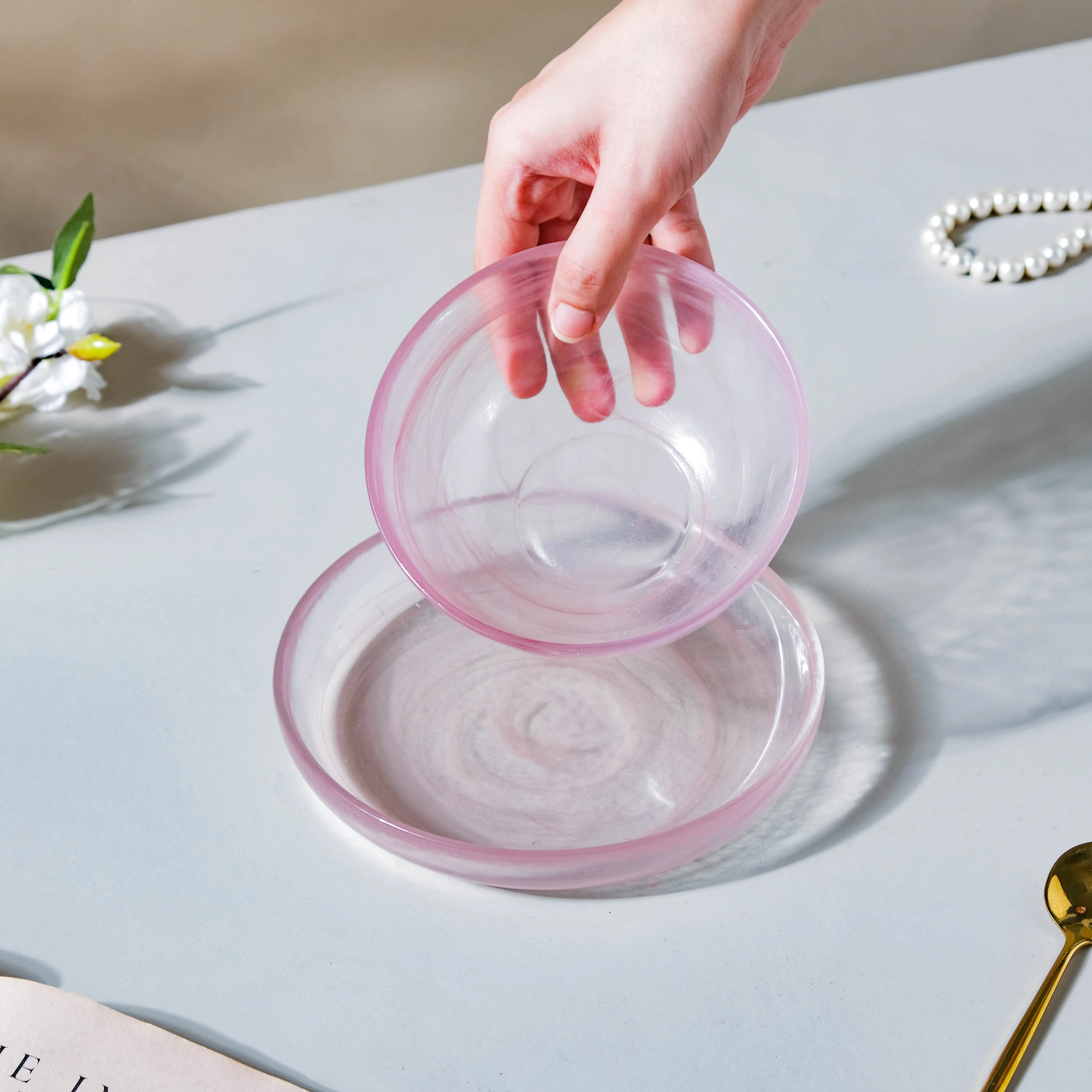 Glass Pink Bowl and Plate Set - Image 3