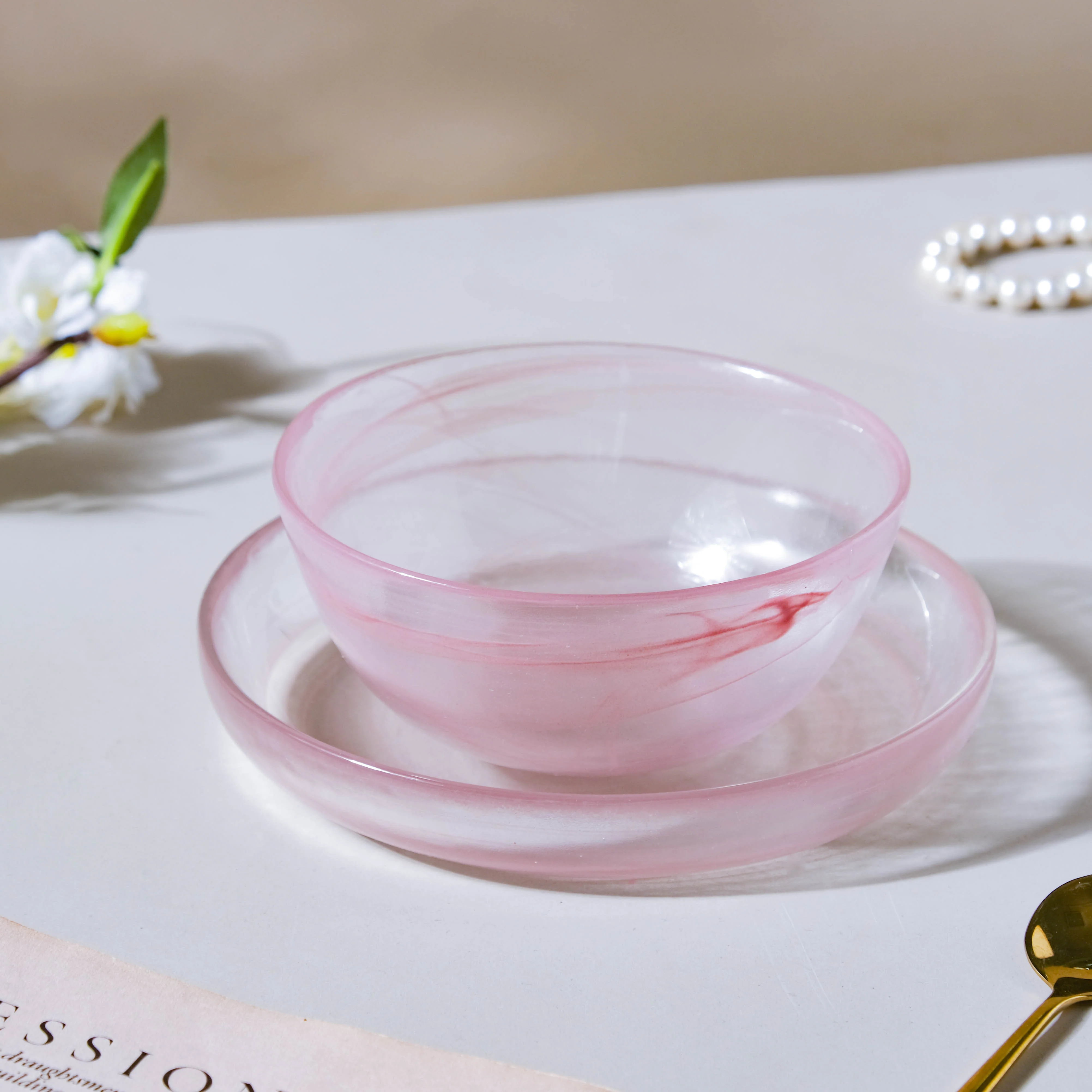 Glass Pink Bowl and Plate Set - Image 5