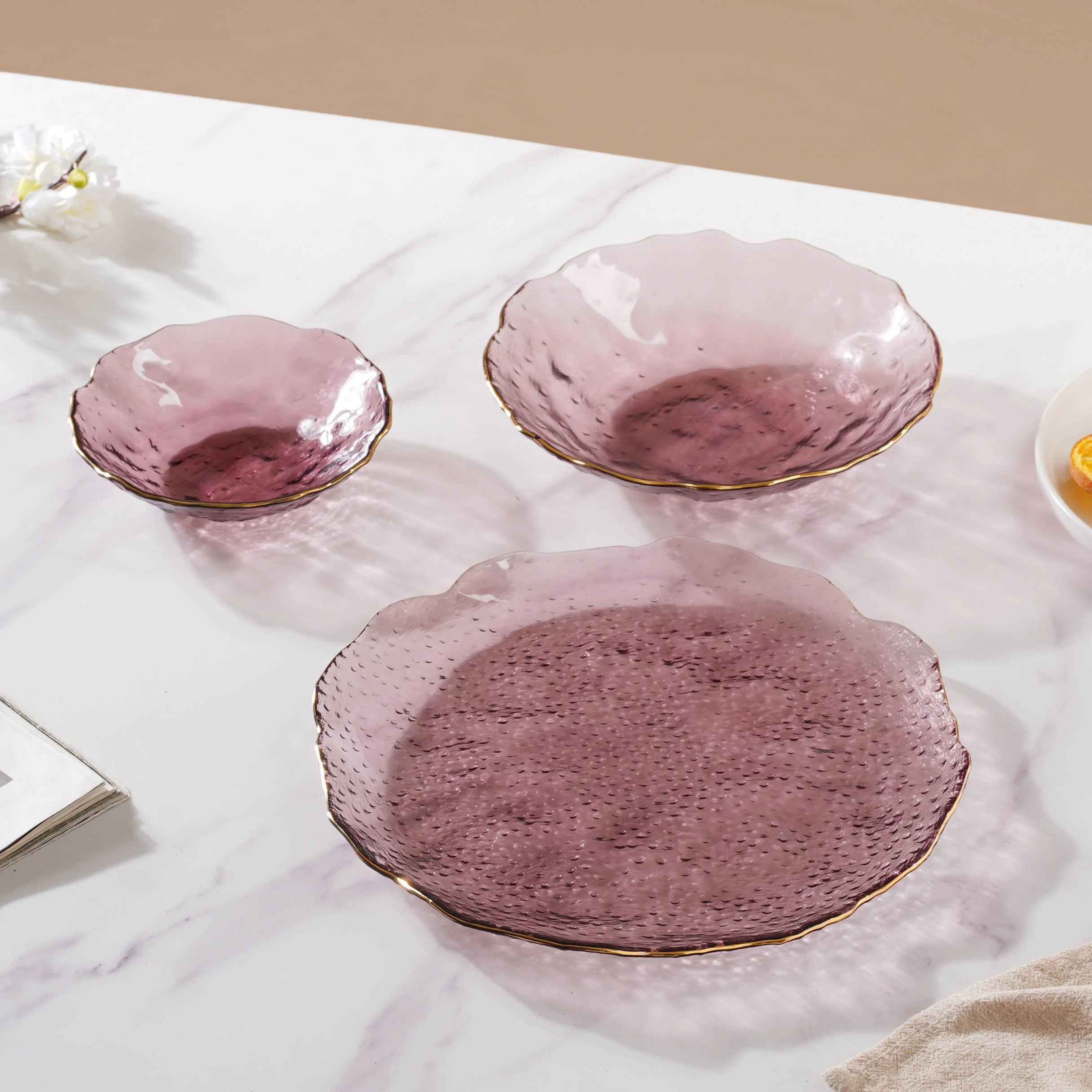 Glass Rose Dish Set of 3