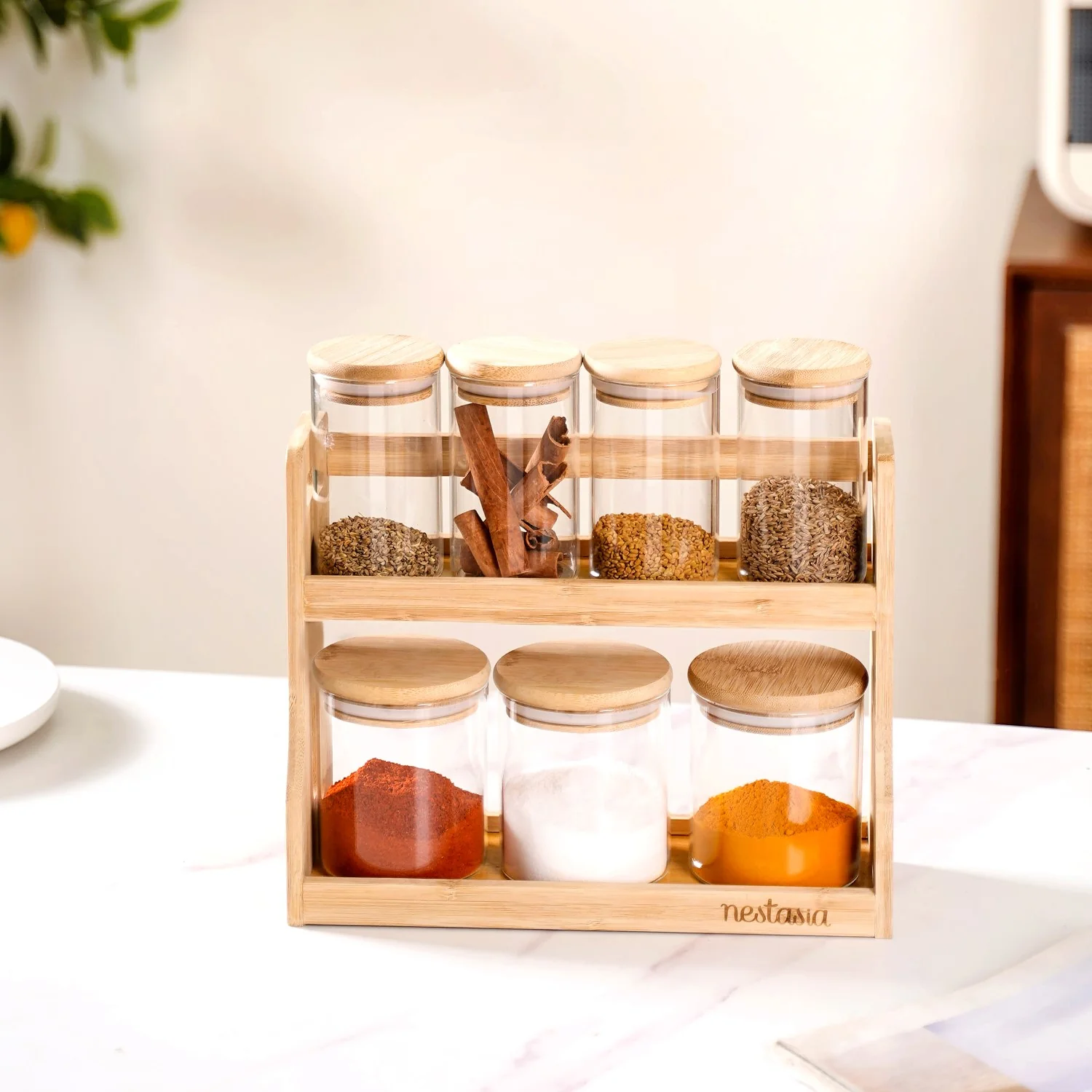 Glass Spice Jars Set of 7 With Wooden Storage Rack - Image 9