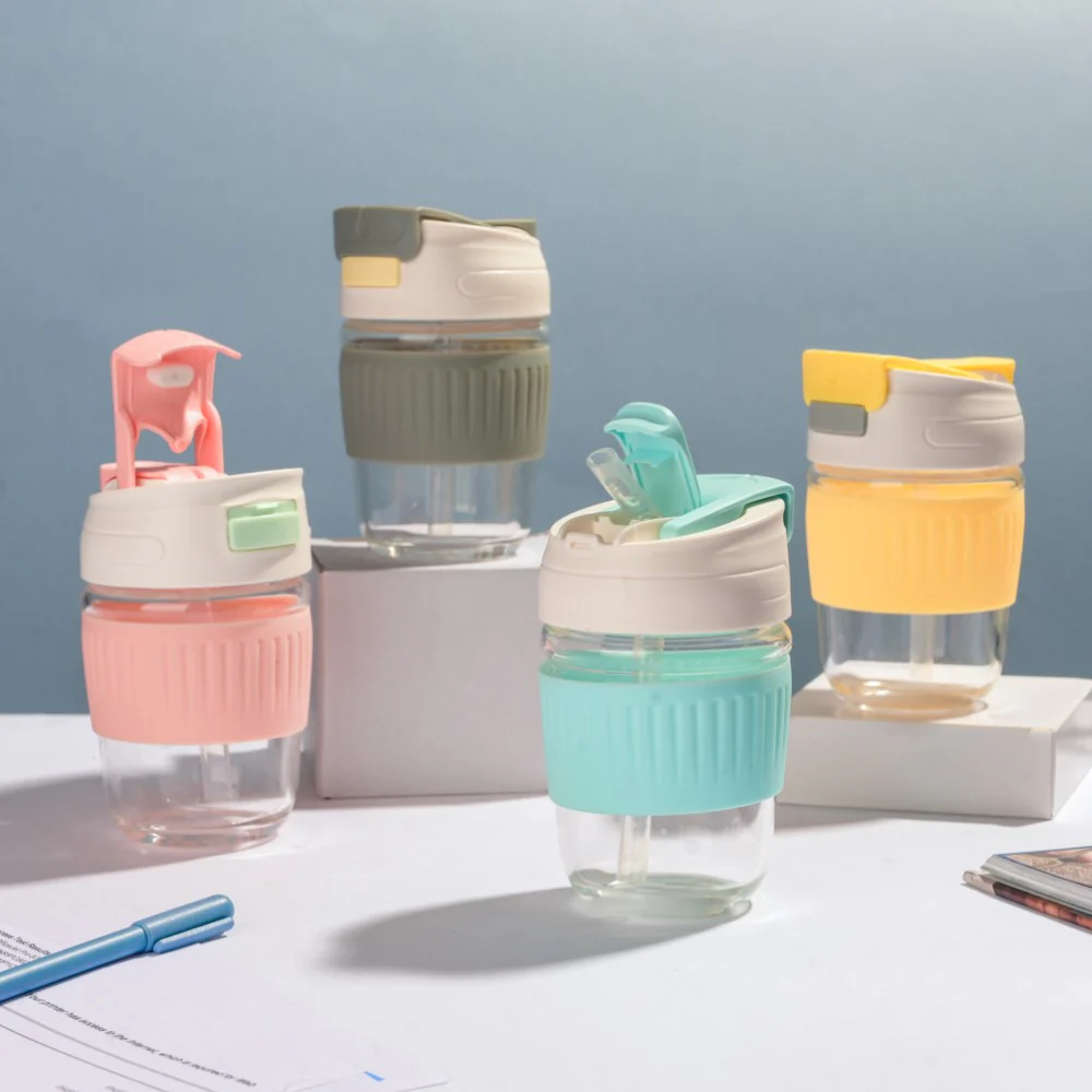 Glass Tumbler With Dual Flip Lid Pink 350ml - Image 10
