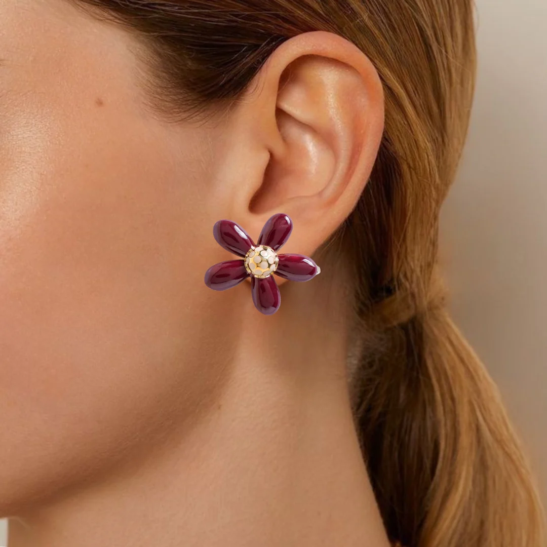 Gold And Maroon Flower Studs - Image 2