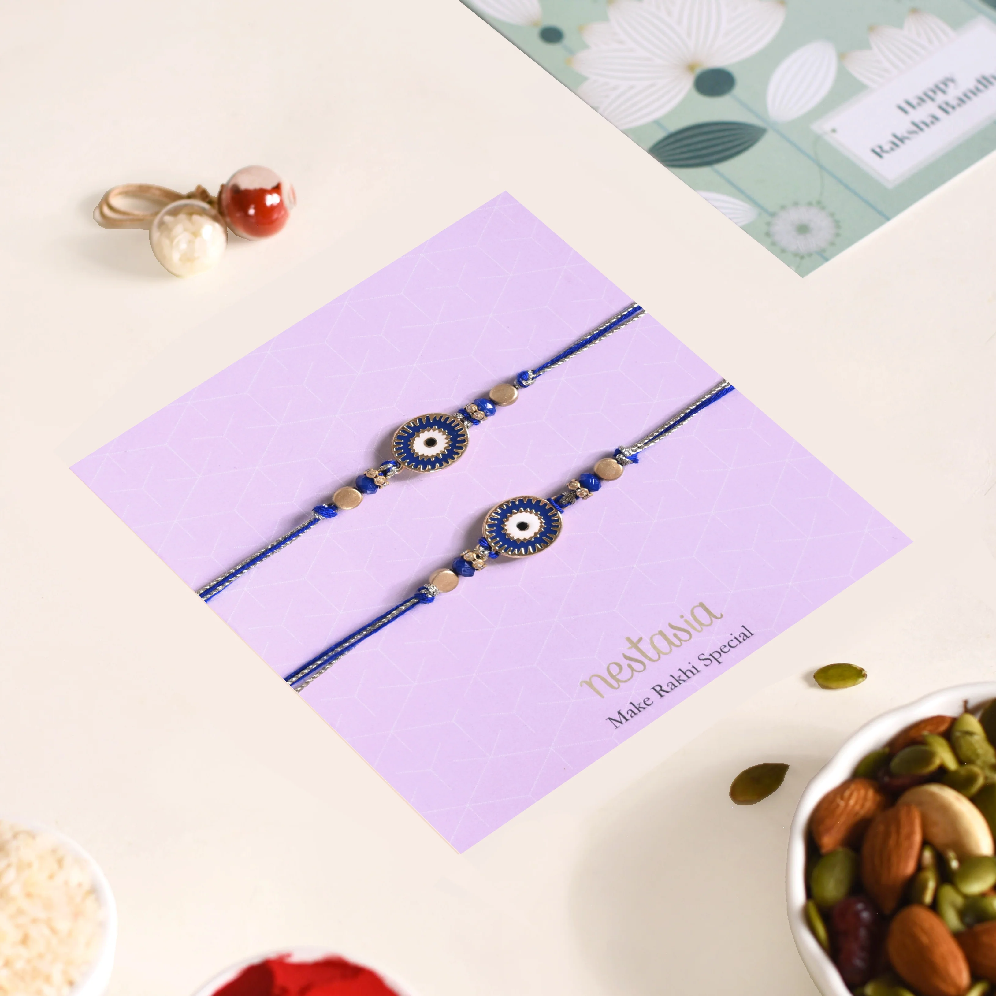 Gold Blue Protective Rakhi Gift Set Of 4 With Box And Card - Image 2